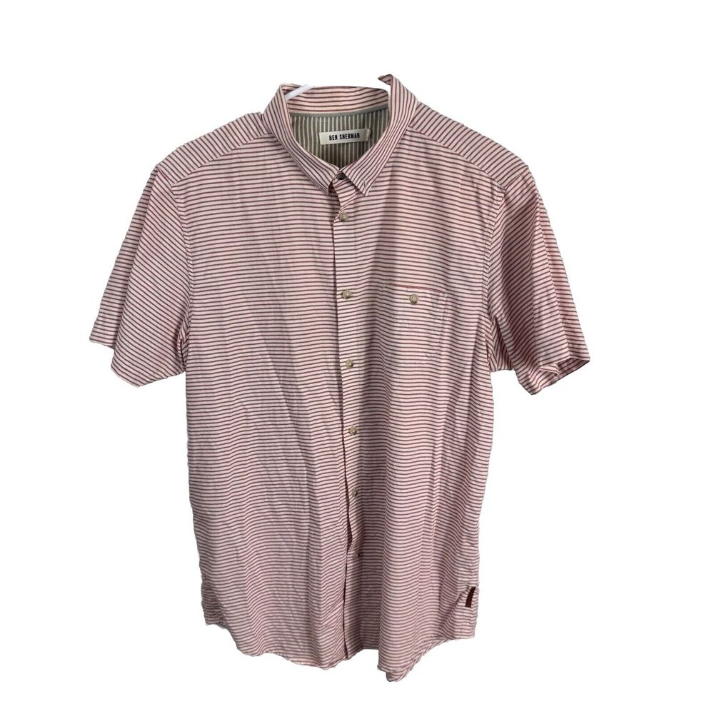 Ben Sherman blouse Large Red white stripes button-up Pocket short sleeve‎
